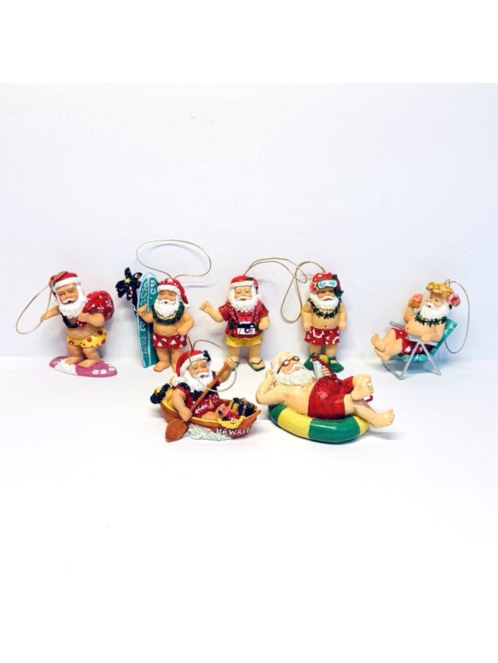 Island Heritage Hawaii Santa Ornaments Lot of 7 Surfing Shaka Canoeing